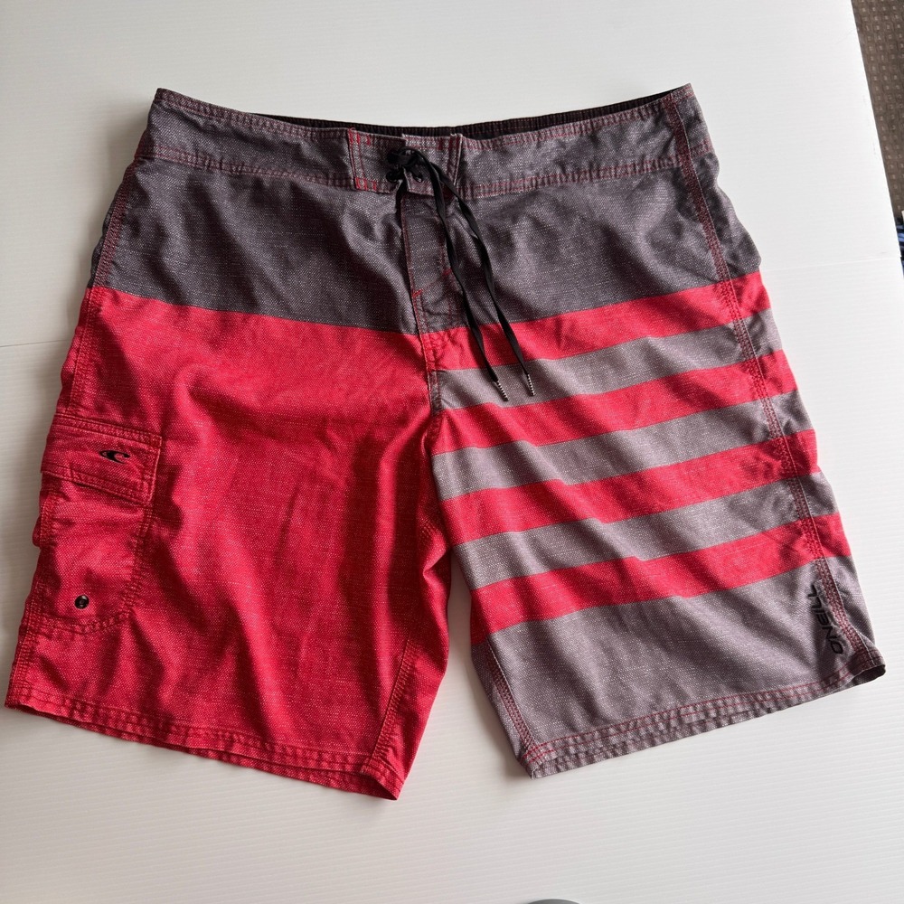 O'Neill Mens Board Shorts Size 40 Red Grey Striped Colorblock Beach Swim‎ Trunks